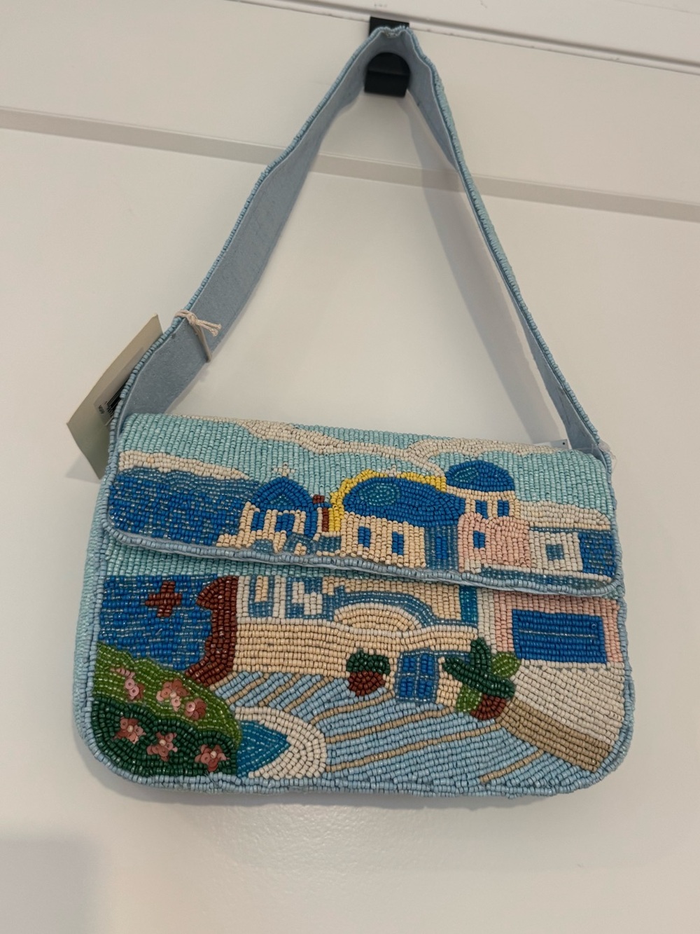 Santorini Greece Beaded Shoulder Bag Blue Coastal Purse